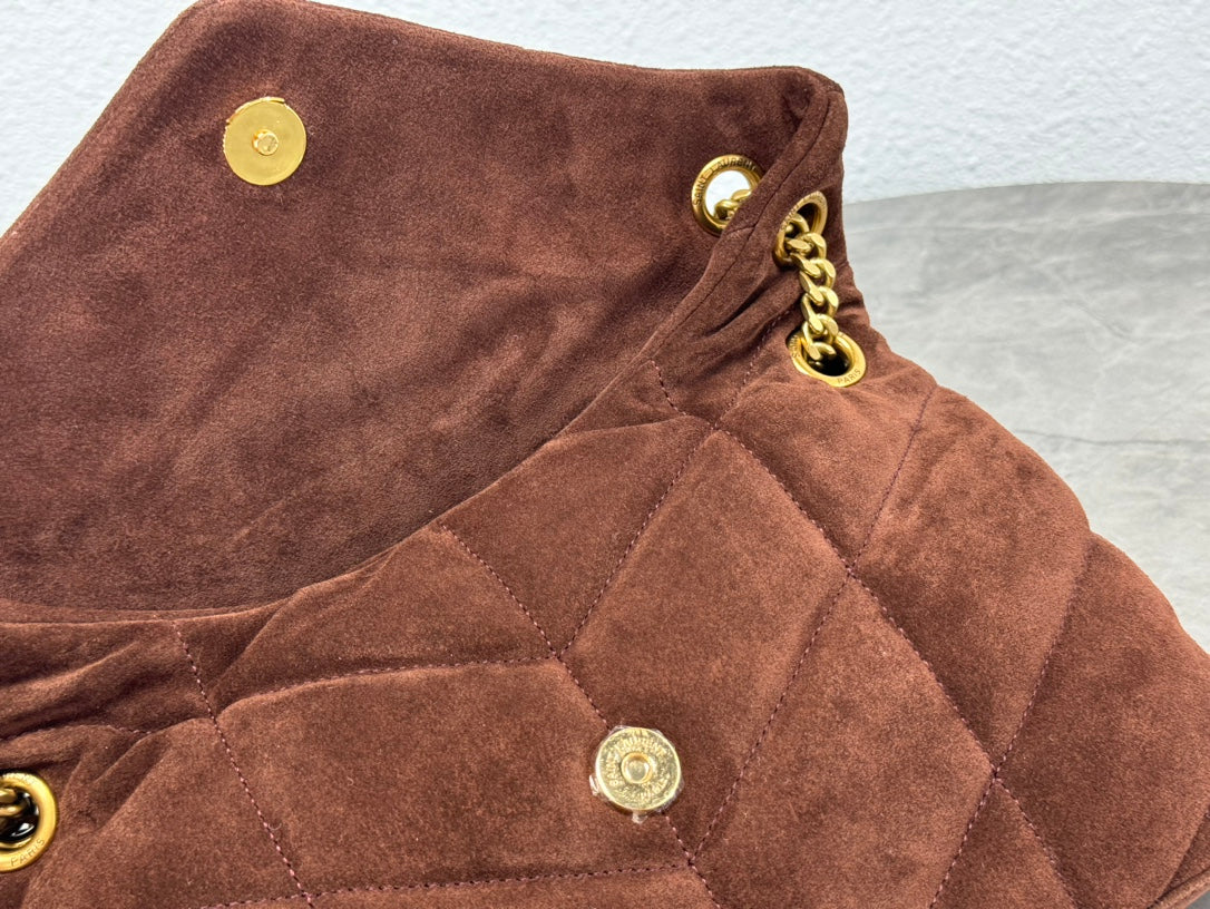 Saint Laurent Loulou Puffer Small Shoulder Bag in Dark Brown Suede