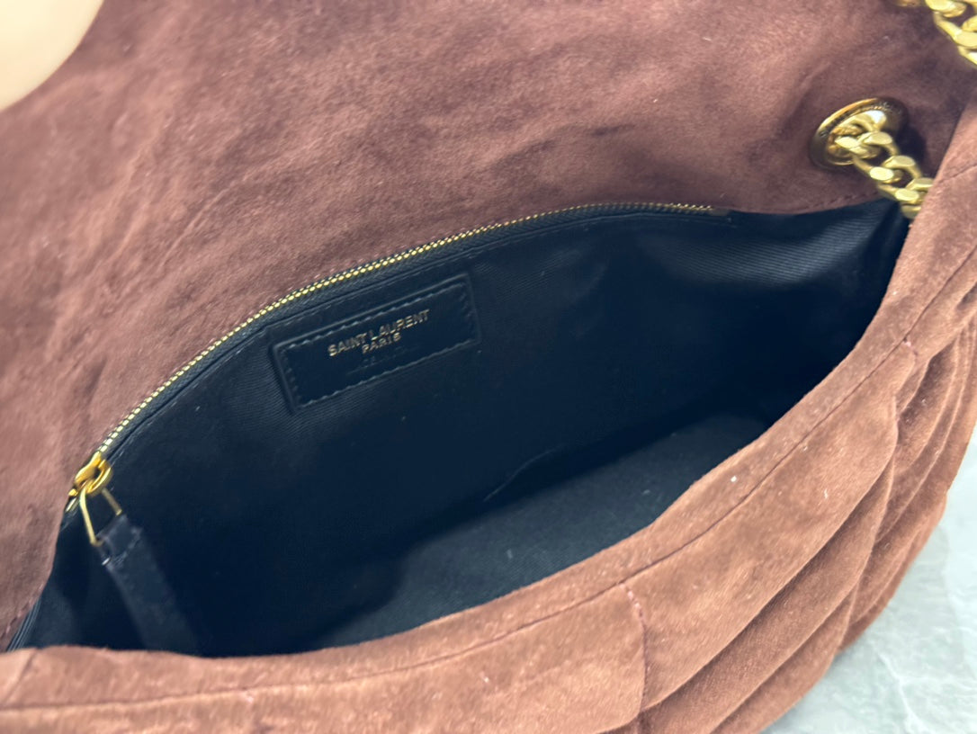 Saint Laurent Loulou Puffer Small Shoulder Bag in Dark Brown Suede