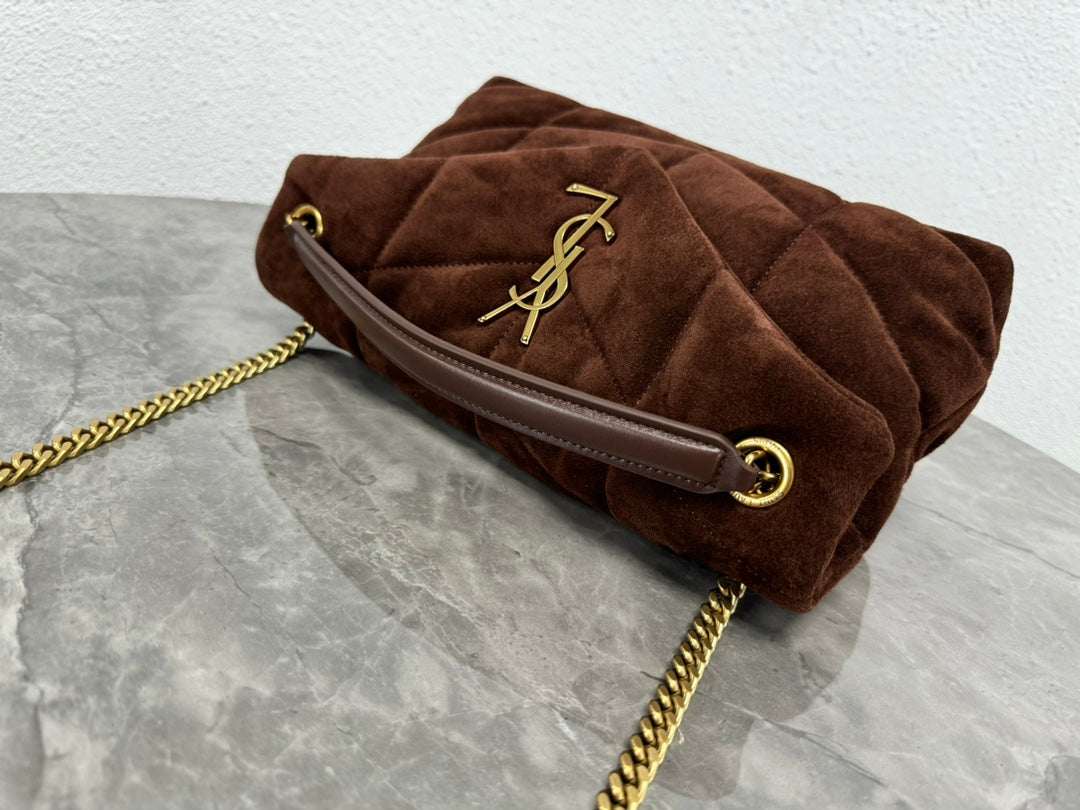 Saint Laurent Loulou Puffer Small Shoulder Bag in Dark Brown Suede