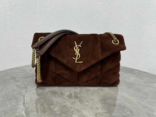 Saint Laurent Loulou Puffer Small Shoulder Bag in Dark Brown Suede