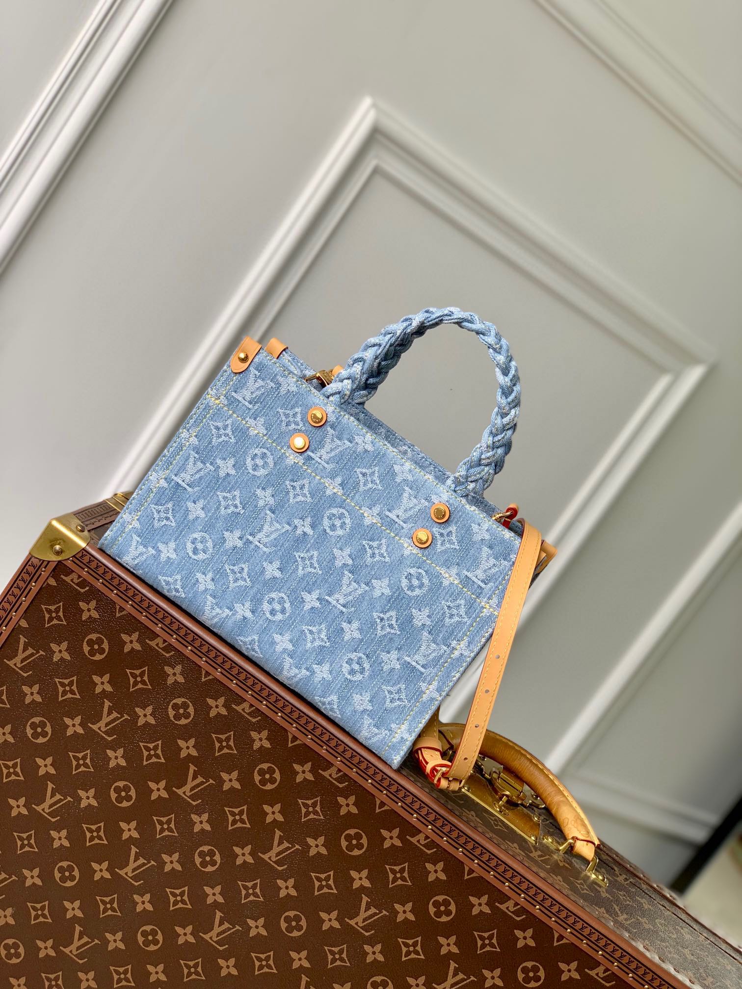 Louis Vuitton Petit Sac Plat Monogram Denim Blue Handbag with Braided Handles