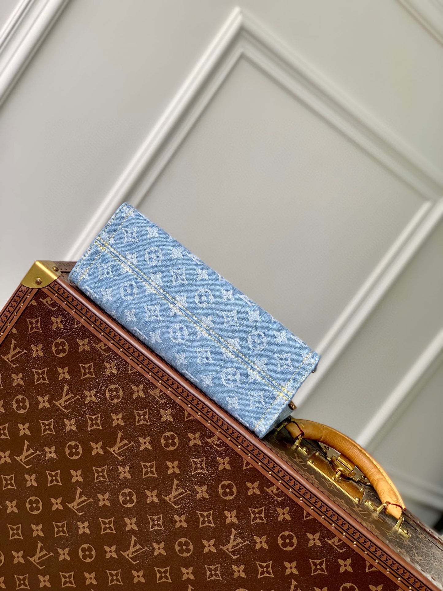 Louis Vuitton Petit Sac Plat Monogram Denim Blue Handbag with Braided Handles