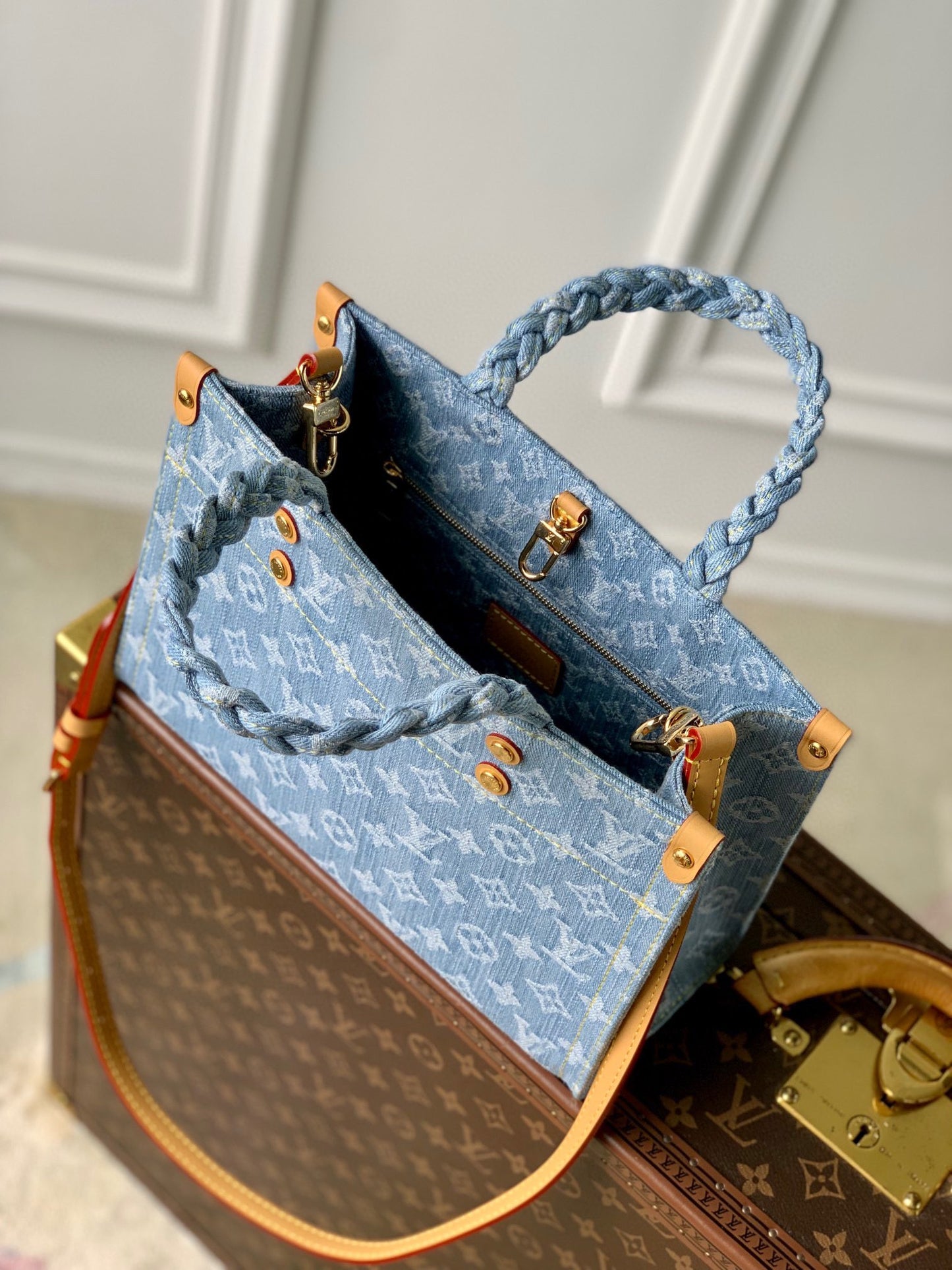 Louis Vuitton Petit Sac Plat Monogram Denim Blue Handbag with Braided Handles
