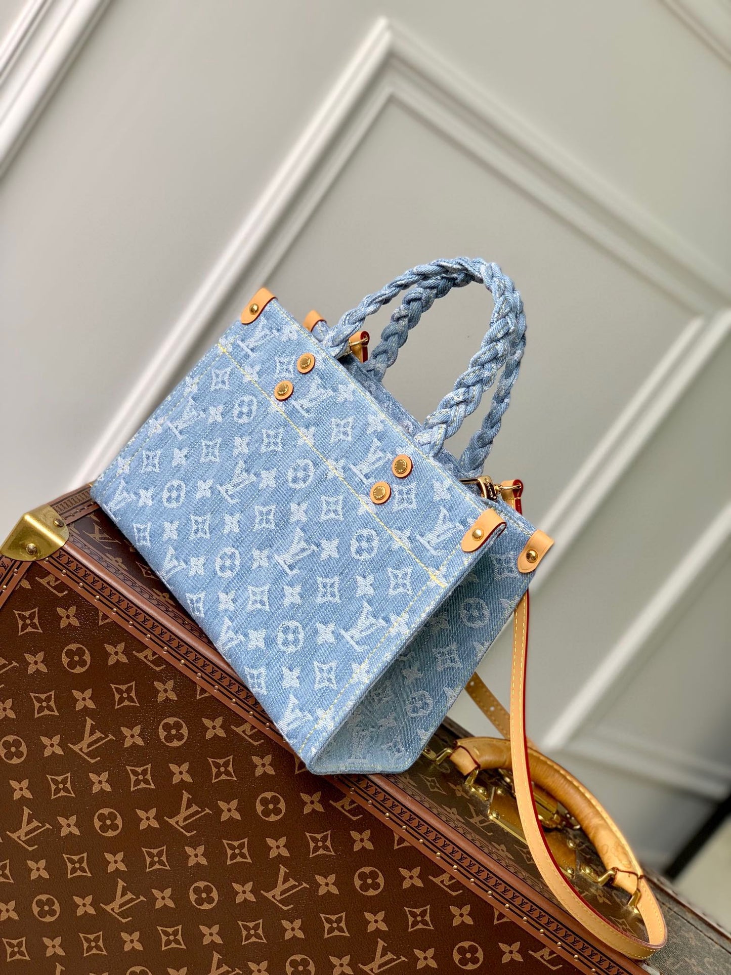 Louis Vuitton Petit Sac Plat Monogram Denim Blue Handbag with Braided Handles