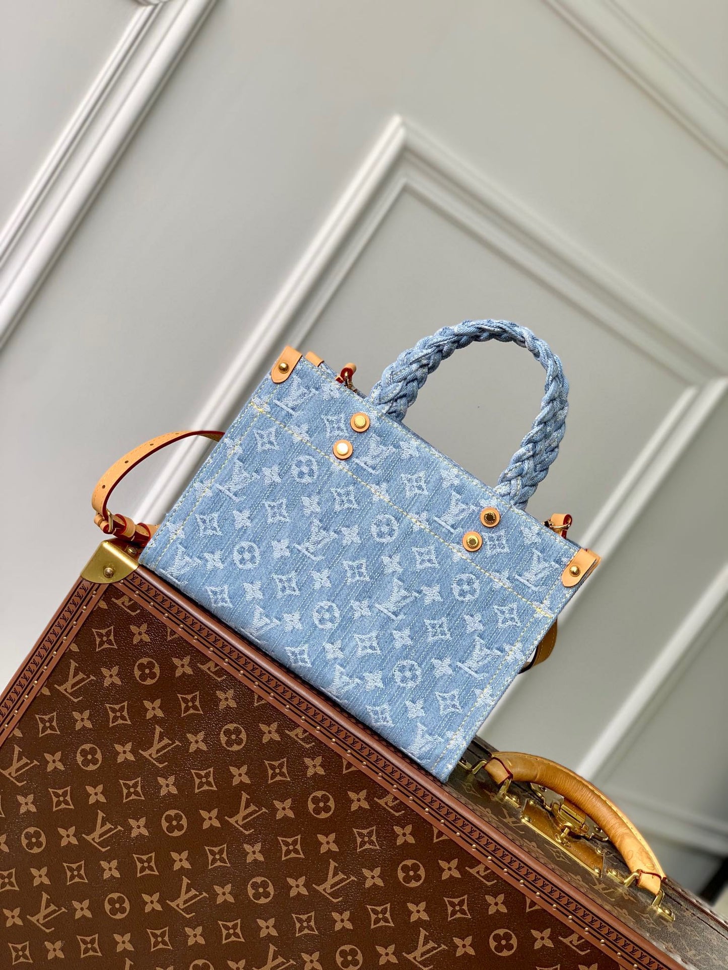 Louis Vuitton Petit Sac Plat Monogram Denim Blue Handbag with Braided Handles