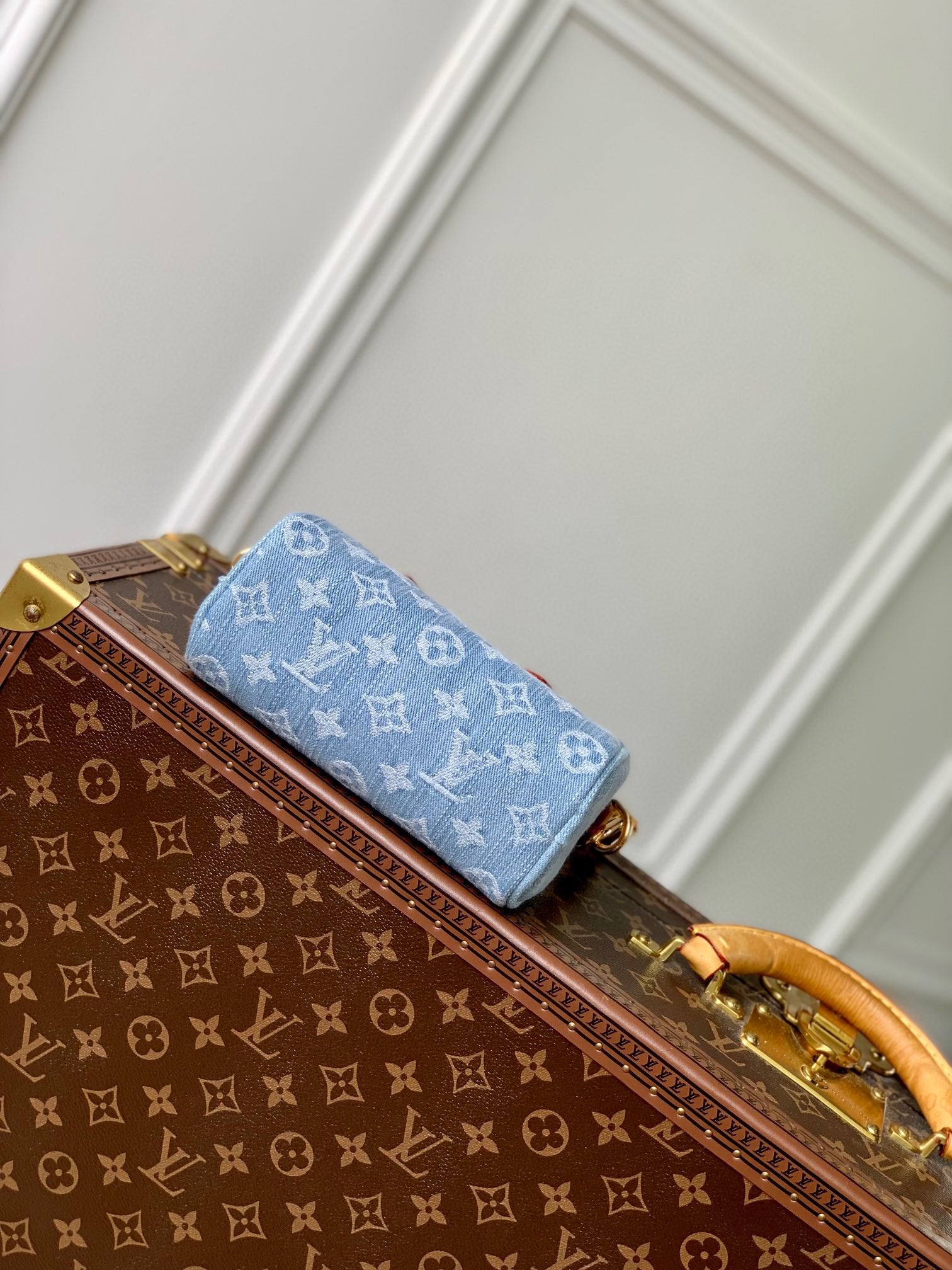 Louis Vuitton Nano Speedy Monogram Denim Handbag with Leather Trim