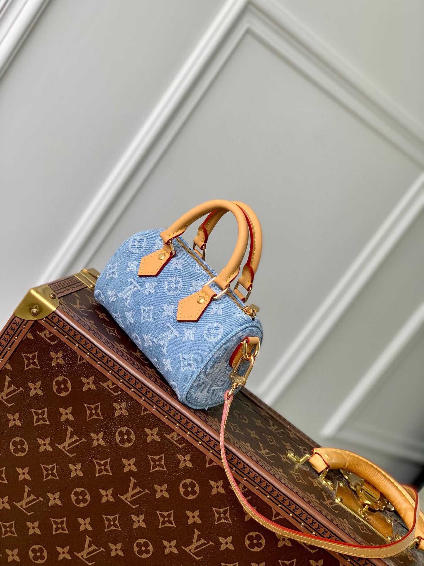 Louis Vuitton Nano Speedy Monogram Denim Handbag with Leather Trim