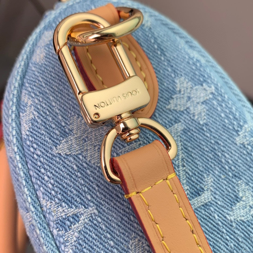 Louis Vuitton Nano Speedy Monogram Denim Handbag with Leather Trim