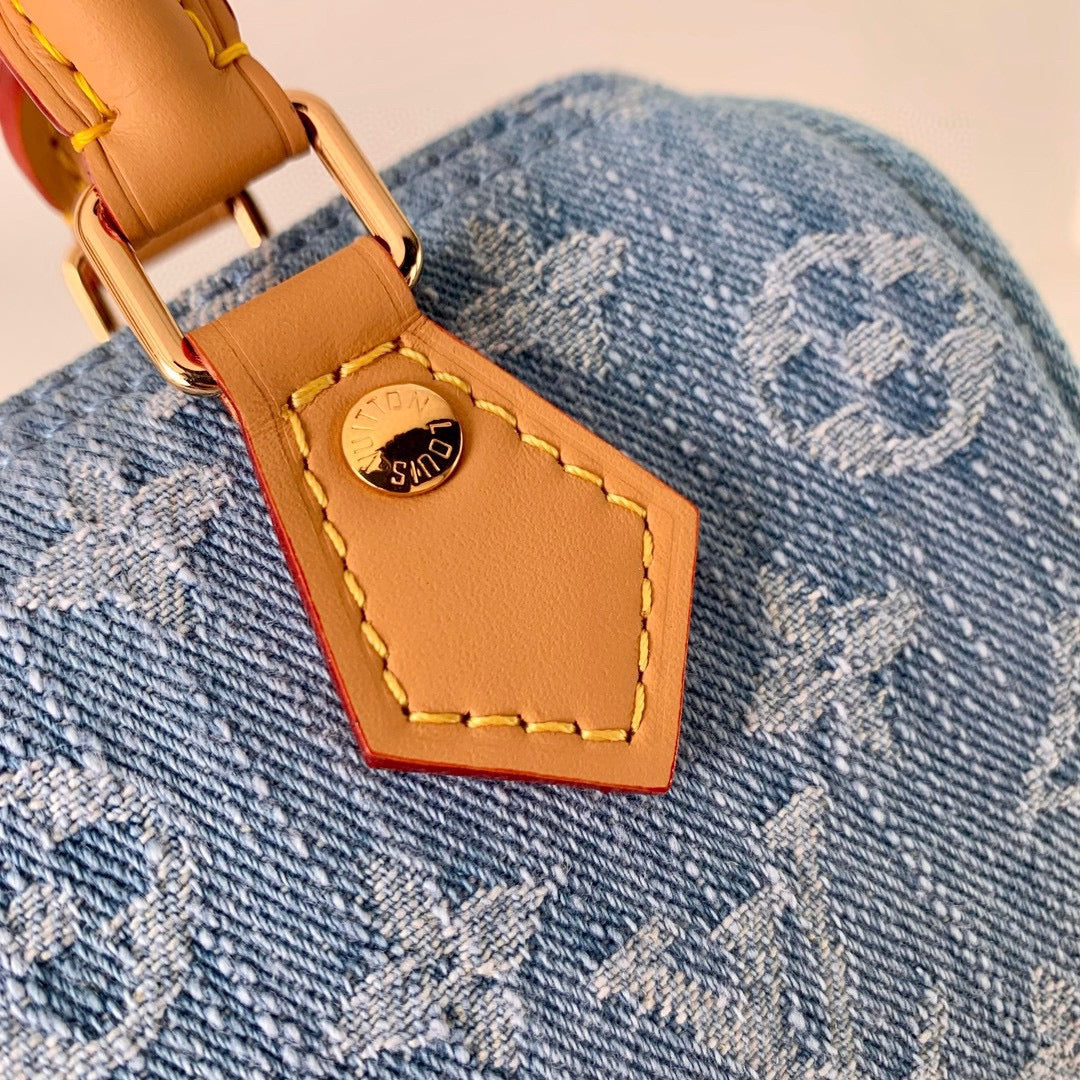 Louis Vuitton Nano Speedy Monogram Denim Handbag with Leather Trim