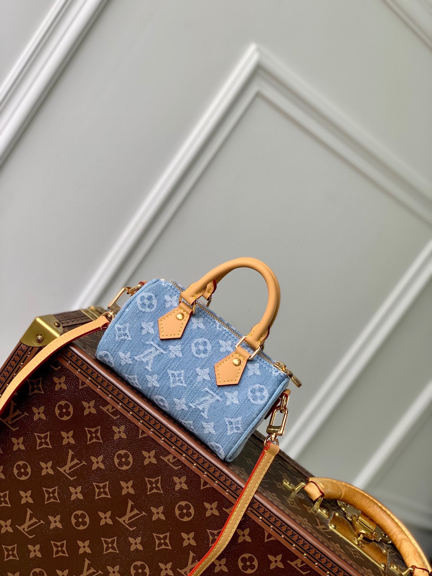 Louis Vuitton Nano Speedy Monogram Denim Handbag with Leather Trim