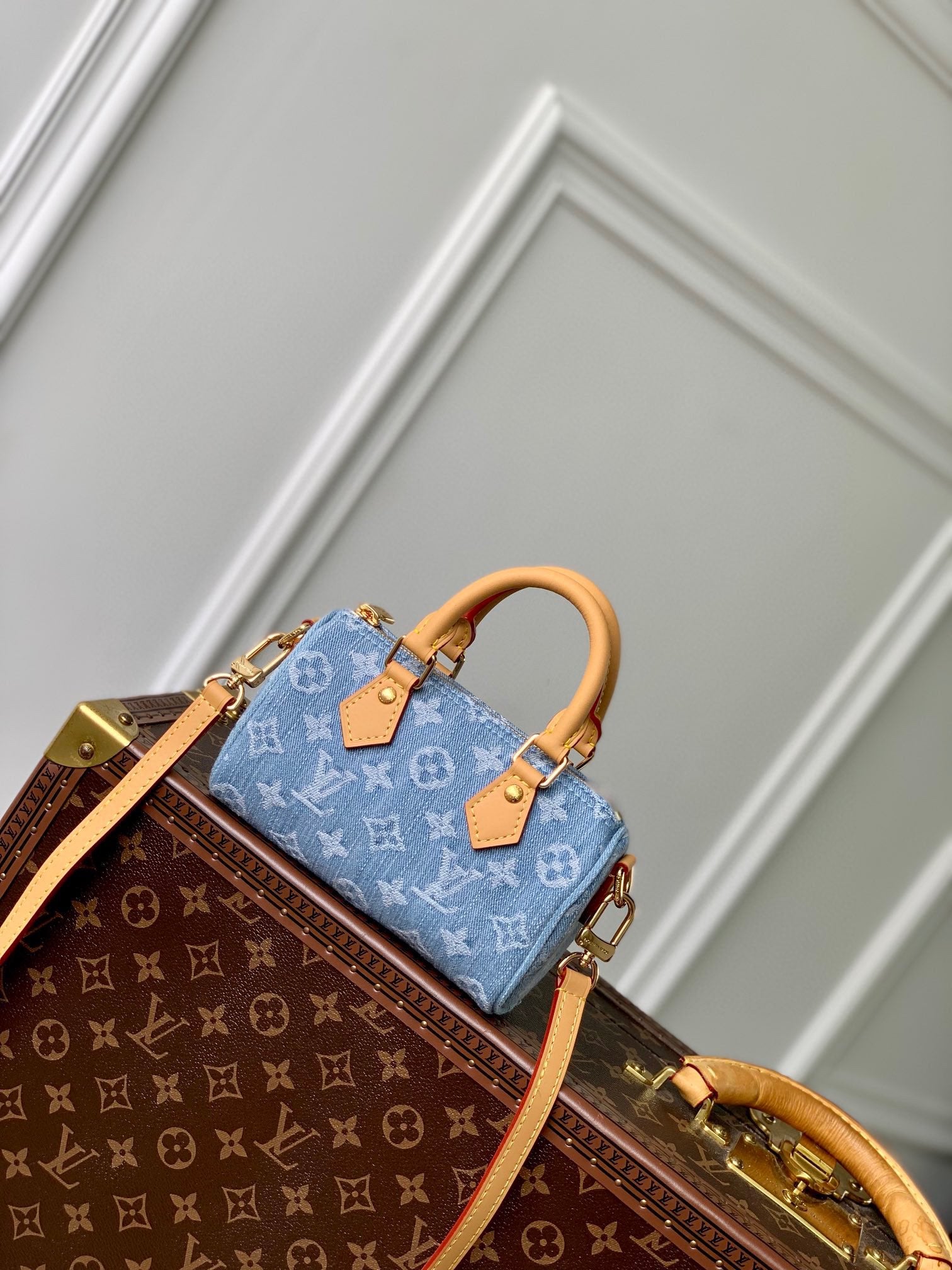 Louis Vuitton Nano Speedy Monogram Denim Handbag with Leather Trim