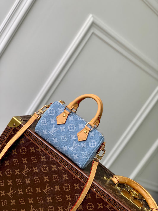Louis Vuitton Nano Speedy Monogram Denim Handbag with Leather Trim