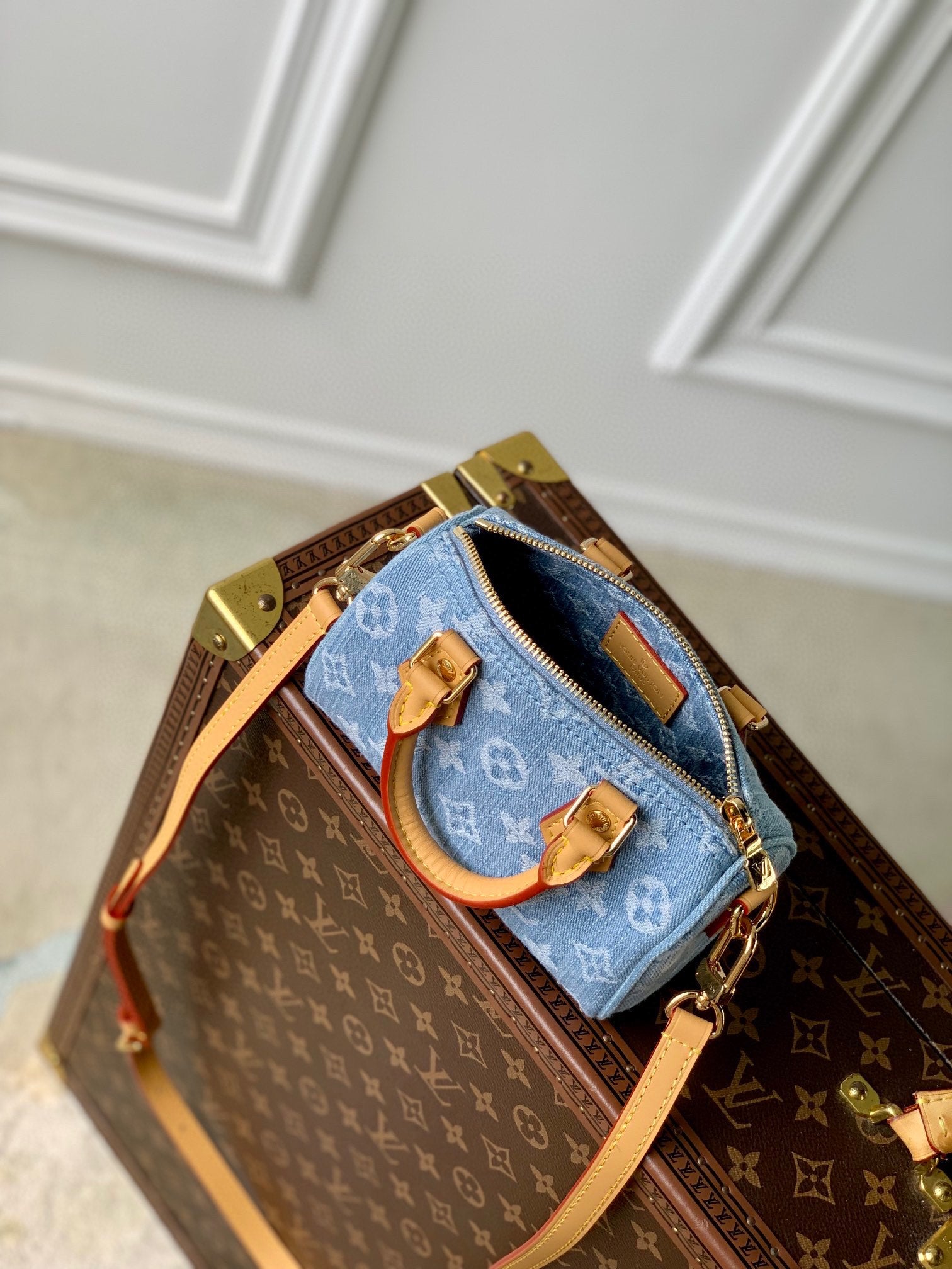 Louis Vuitton Nano Speedy Monogram Denim Handbag with Leather Trim