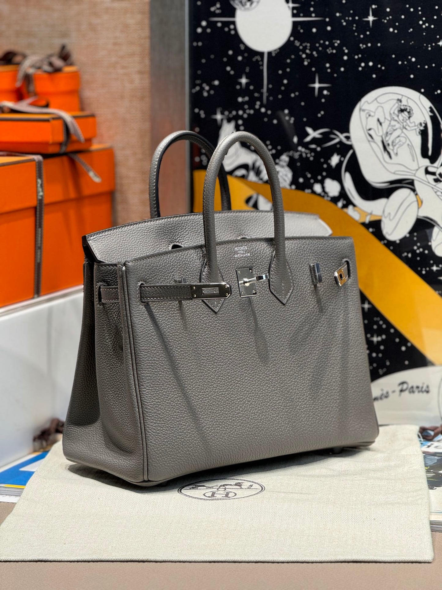 Luxury Grey Leather Top-Handle Handbag with Tan Flap and Silver Hardware