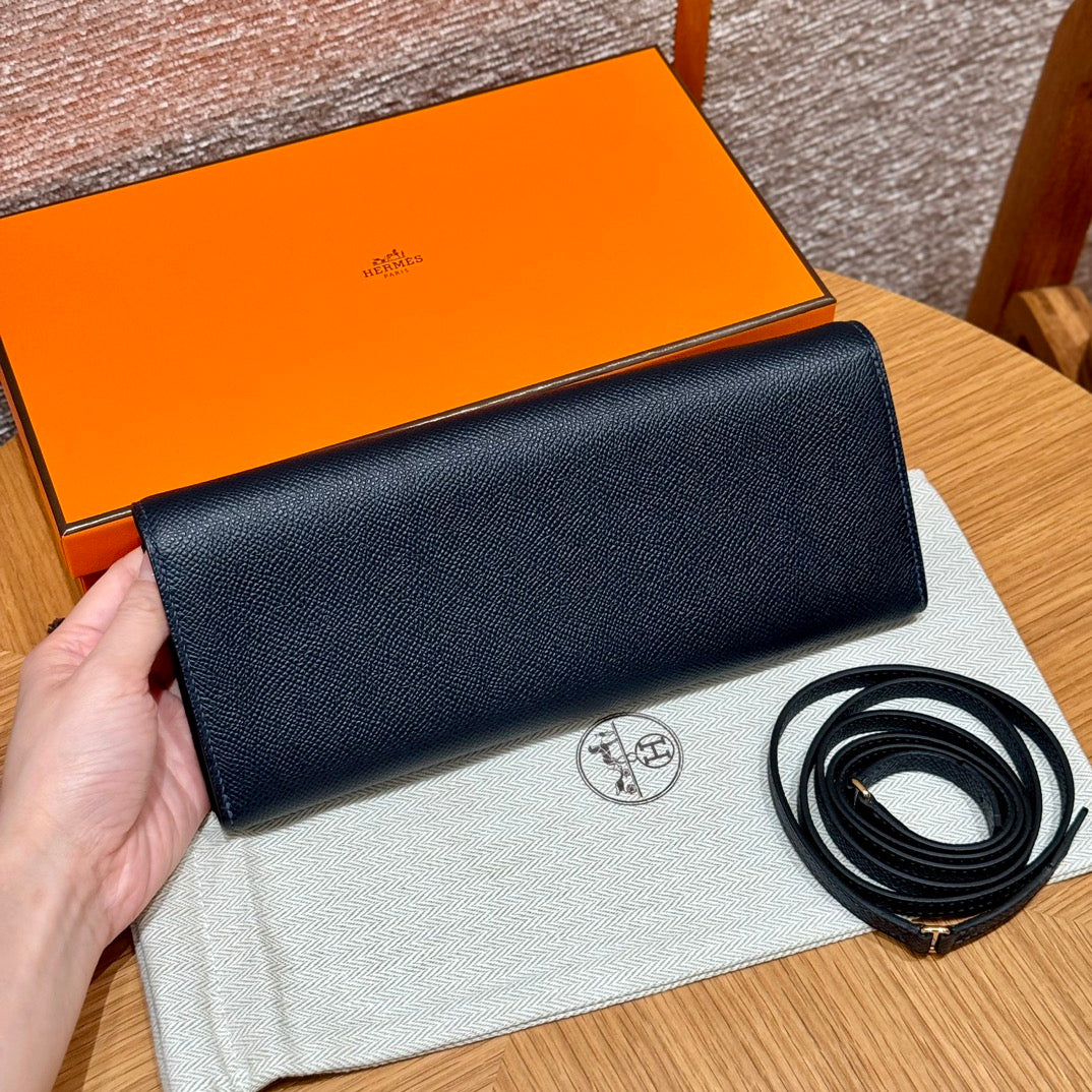 Luxury Black Leather Long Wallet Clutch Bag with Gold Buckle and Detachable Strap