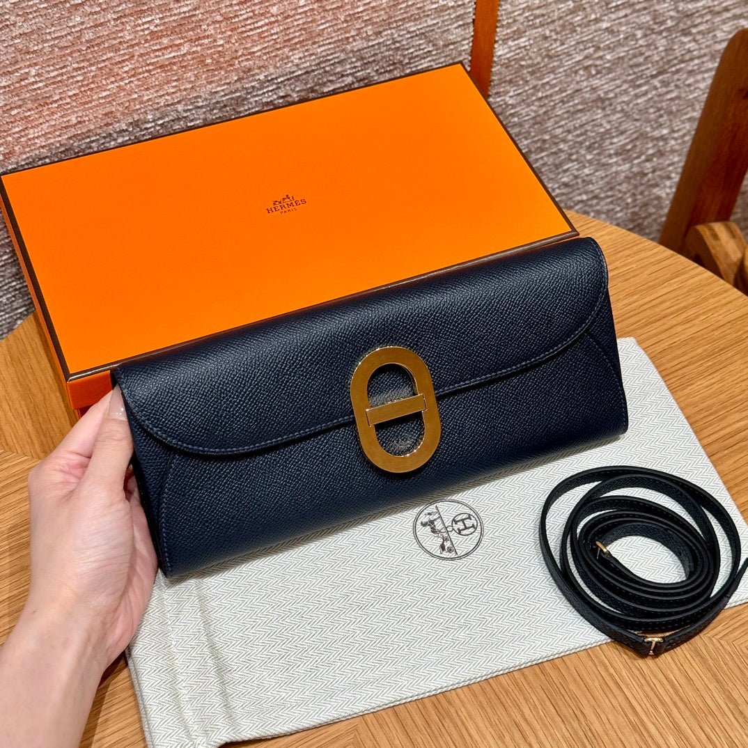 Luxury Black Leather Long Wallet Clutch Bag with Gold Buckle and Detachable Strap