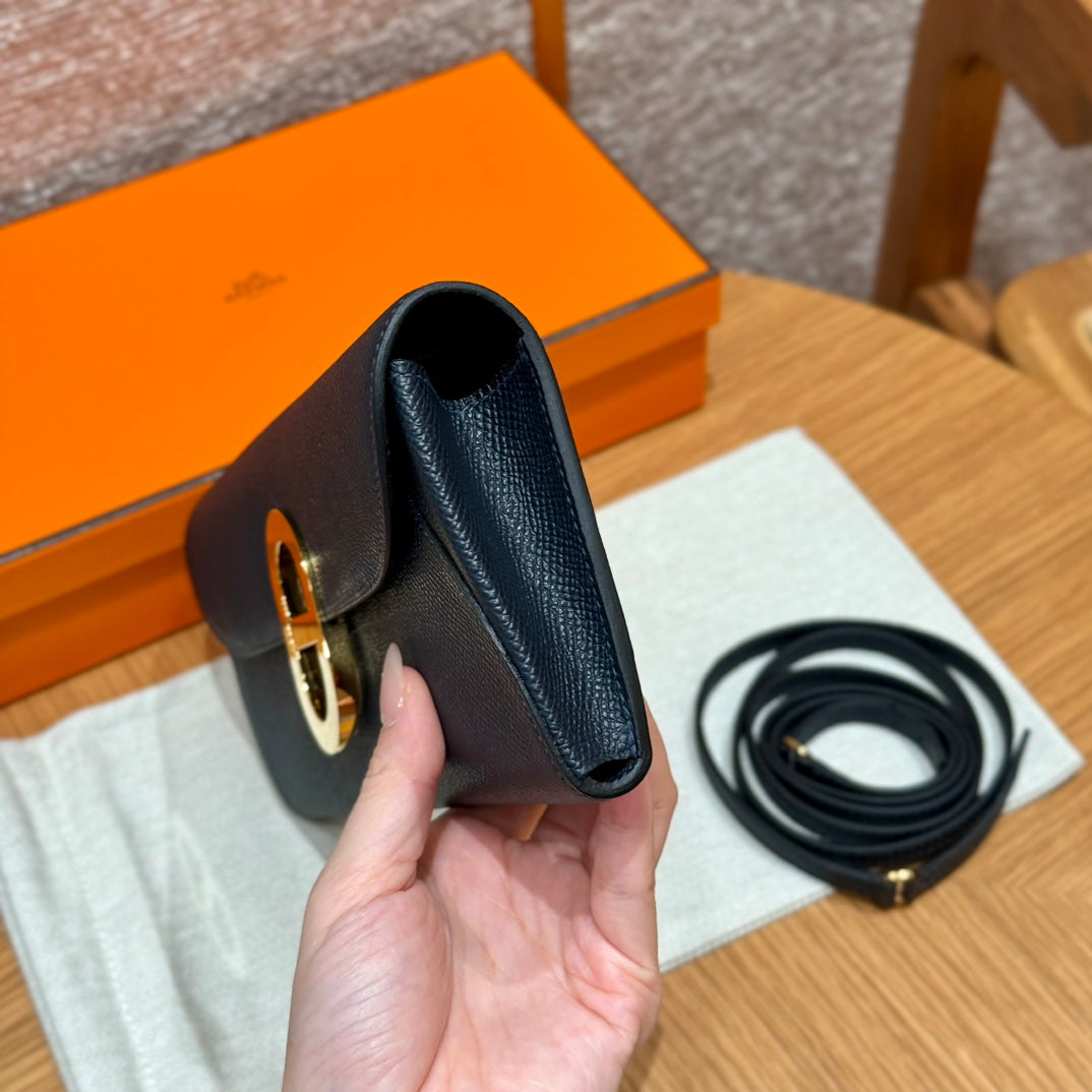 Luxury Black Leather Long Wallet Clutch Bag with Gold Buckle and Detachable Strap
