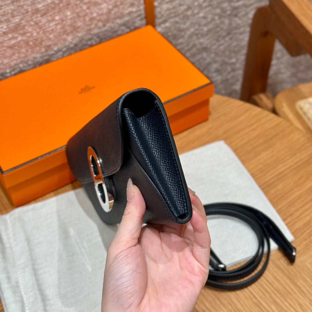 Hermes Black Epsom Leather In-the-Loop Phone To Go Wallet Clutch with Strap