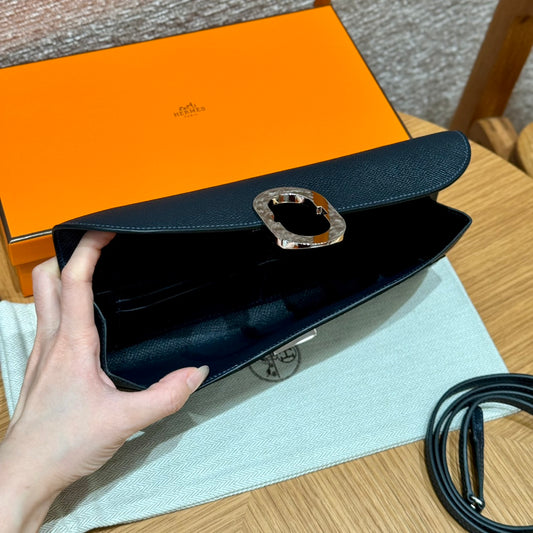 Hermès Della Cavalleria Black Epsom Leather Shoulder Bag with Silver Hardware
