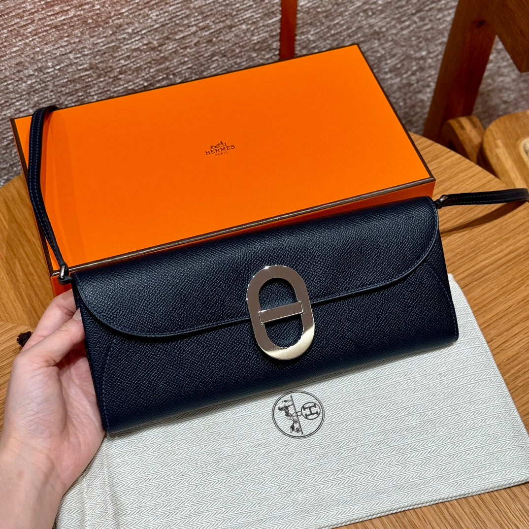 Hermès Della Cavalleria Black Epsom Leather Shoulder Bag with Silver Hardware