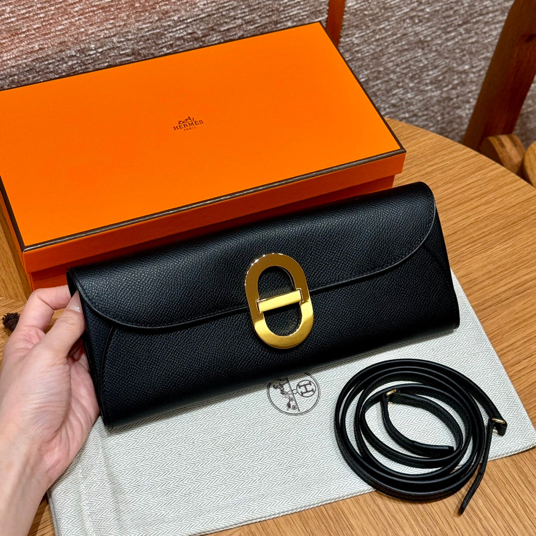 Luxury Black Leather Clutch Bag with Gold Buckle and Detachable Strap