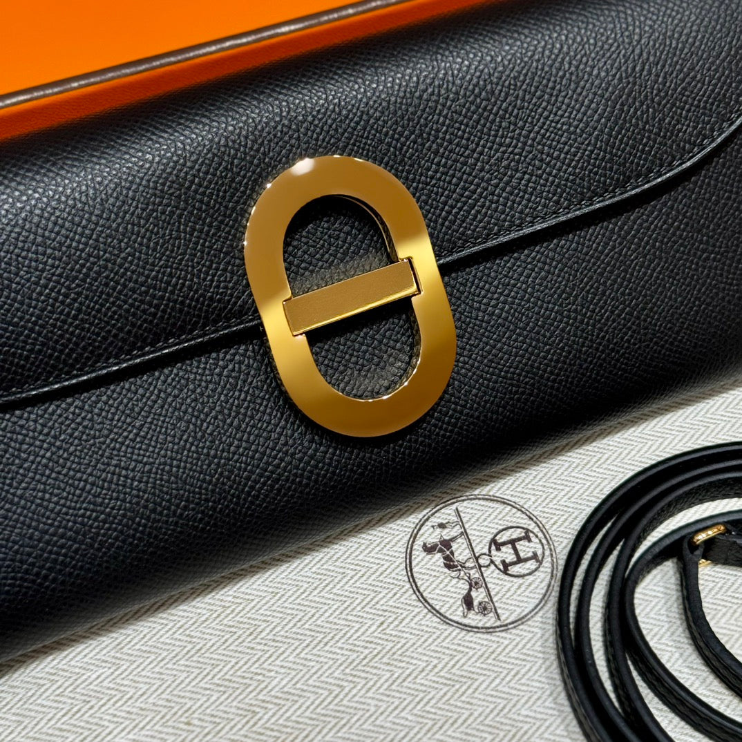 Luxury Black Leather Clutch Bag with Gold Buckle and Detachable Strap