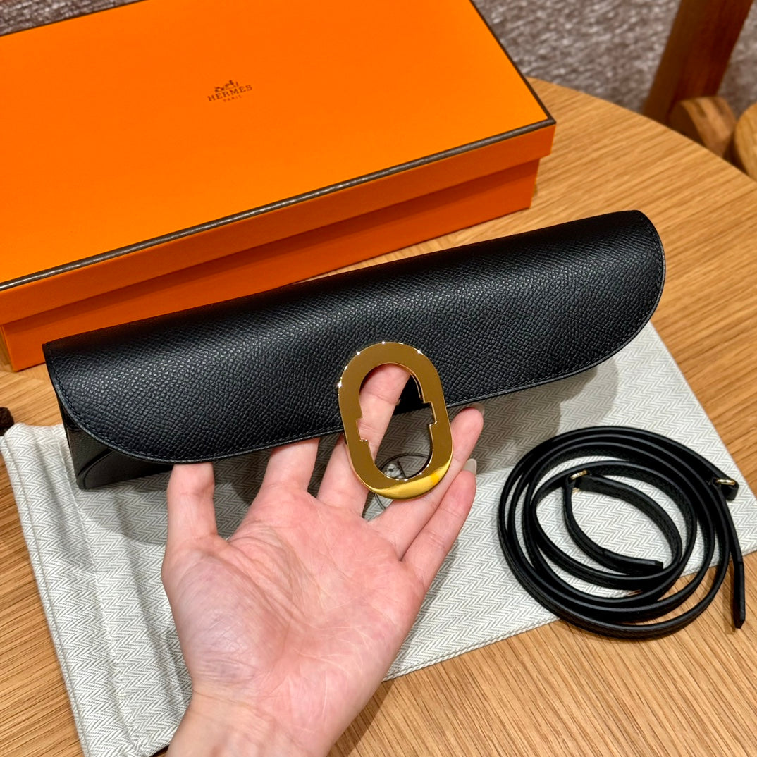 Luxury Black Leather Clutch Bag with Gold Buckle and Detachable Strap