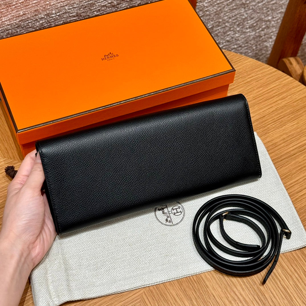 Luxury Black Leather Clutch Bag with Gold Buckle and Detachable Strap
