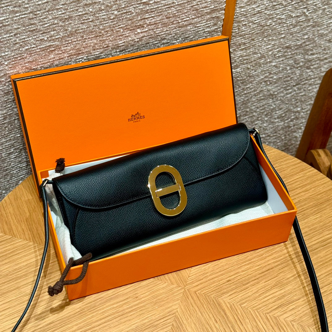 Hermès Black Leather O'Maillon Clutch Bag with Detachable Shoulder Strap