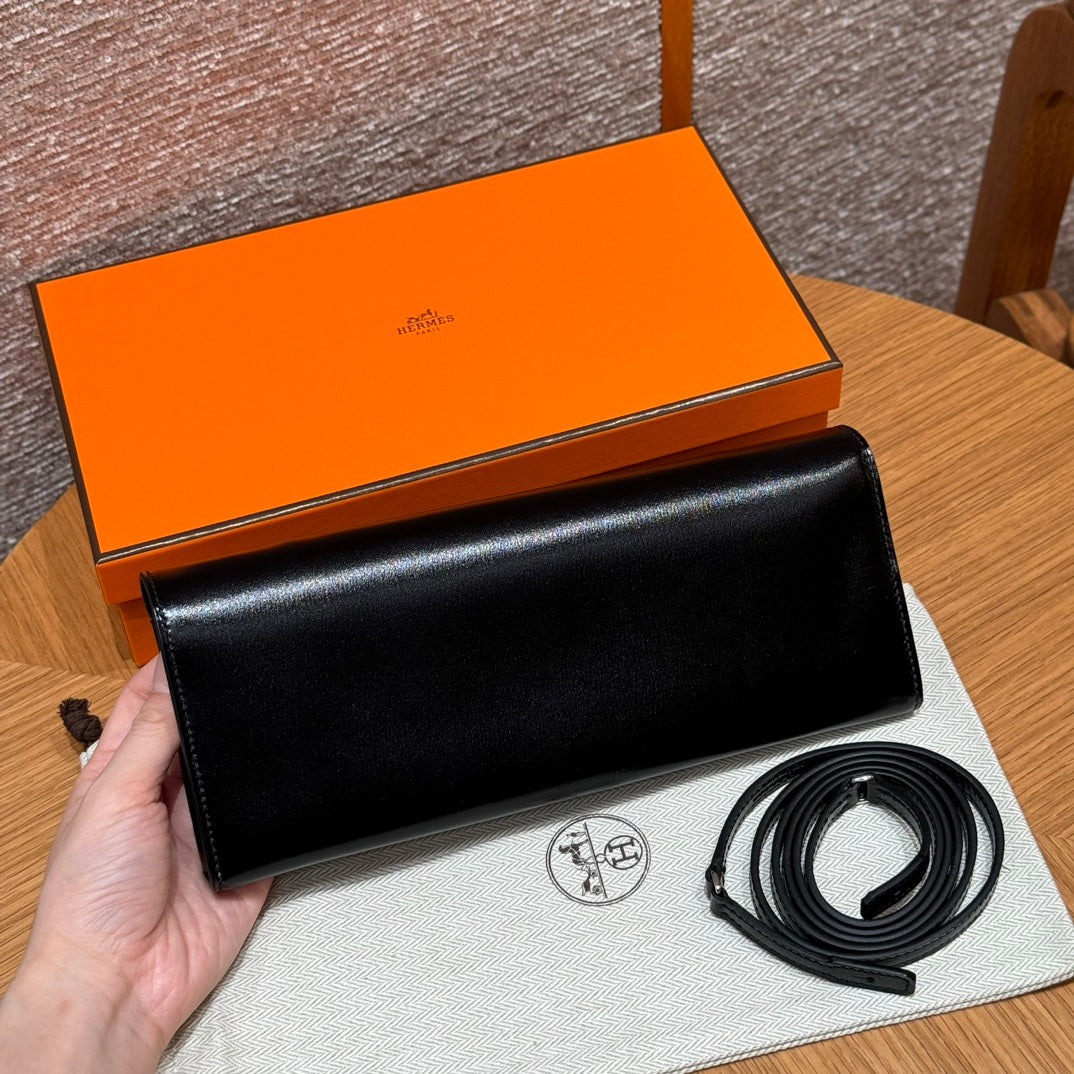Hermès O'Maillon Black Leather Clutch Wallet with Silver Hardware