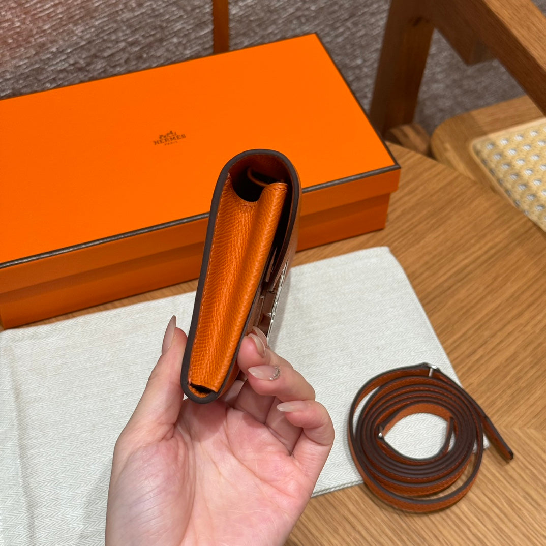 Hermes Cherche-Midi Leather Clutch Bag with Detachable Strap - Orange