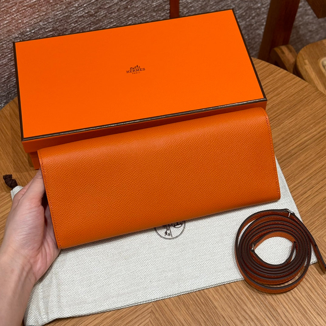 Hermes Cherche-Midi Leather Clutch Bag with Detachable Strap - Orange