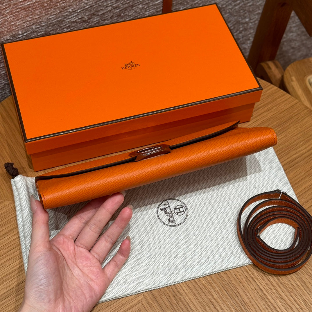 Hermes Cherche-Midi Leather Clutch Bag with Detachable Strap - Orange