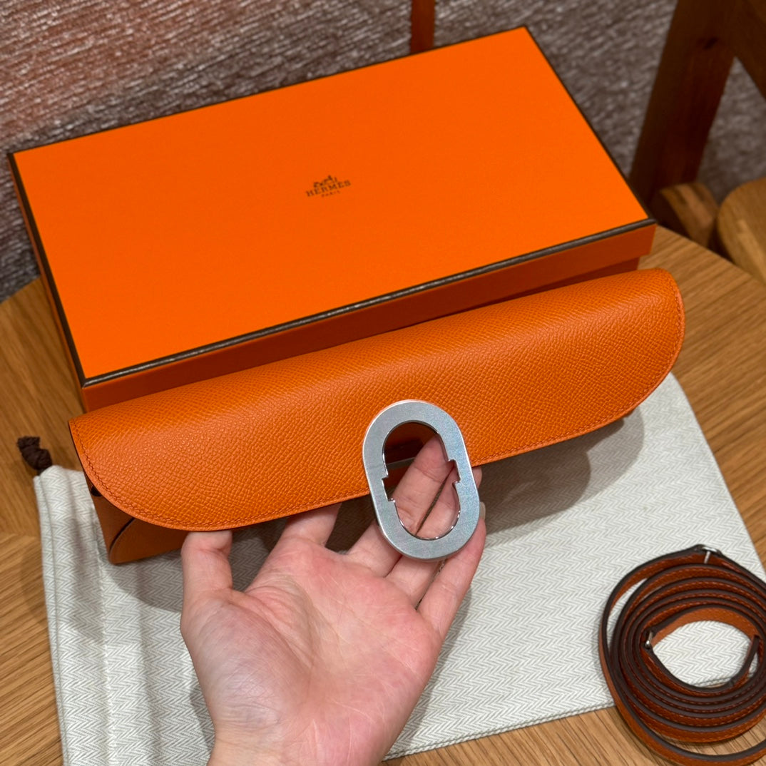 Hermès Orange Epsom Leather Envelope Clutch Bag with Silver-Tone Hardware