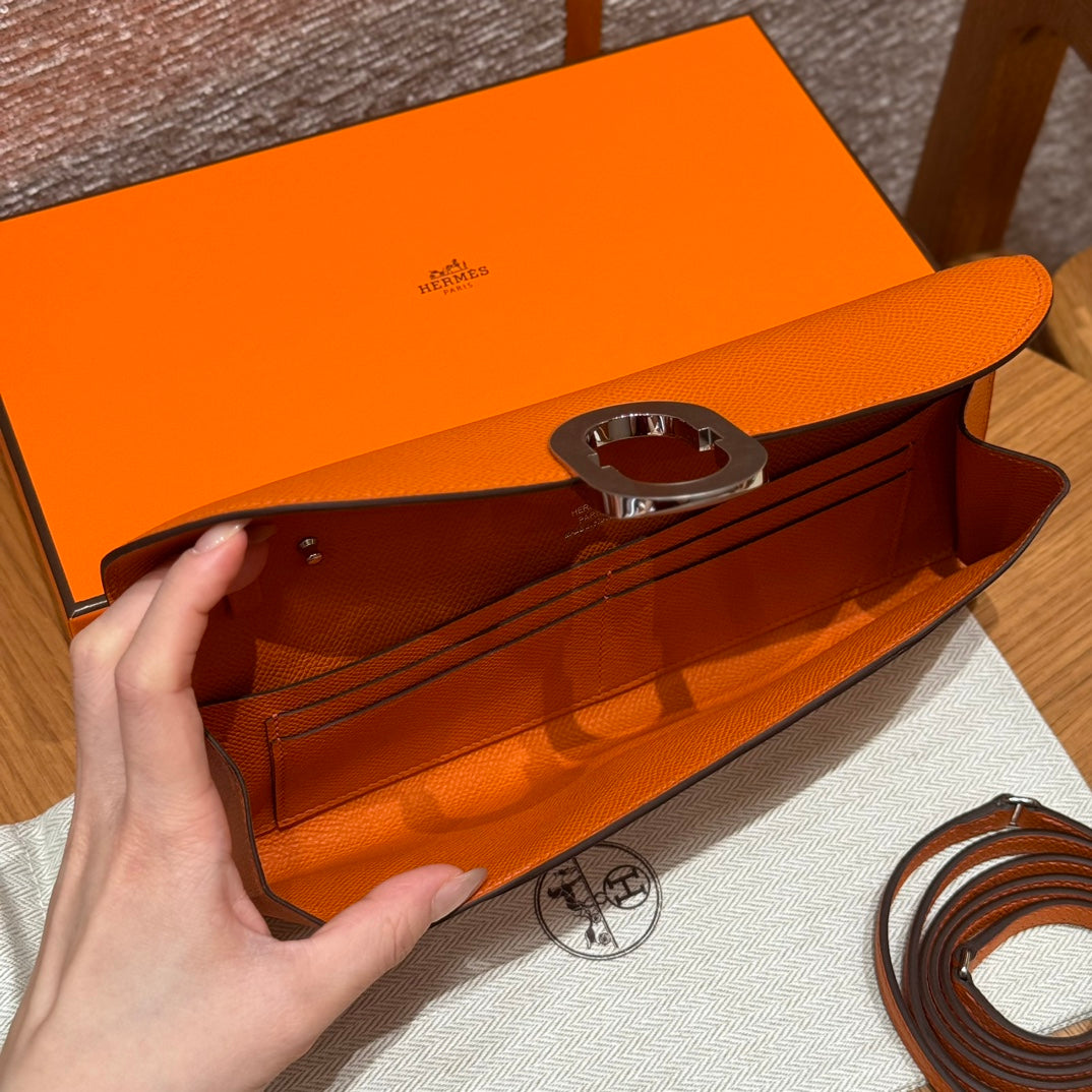 Hermès Orange Epsom Leather Envelope Clutch Bag with Silver-Tone Hardware