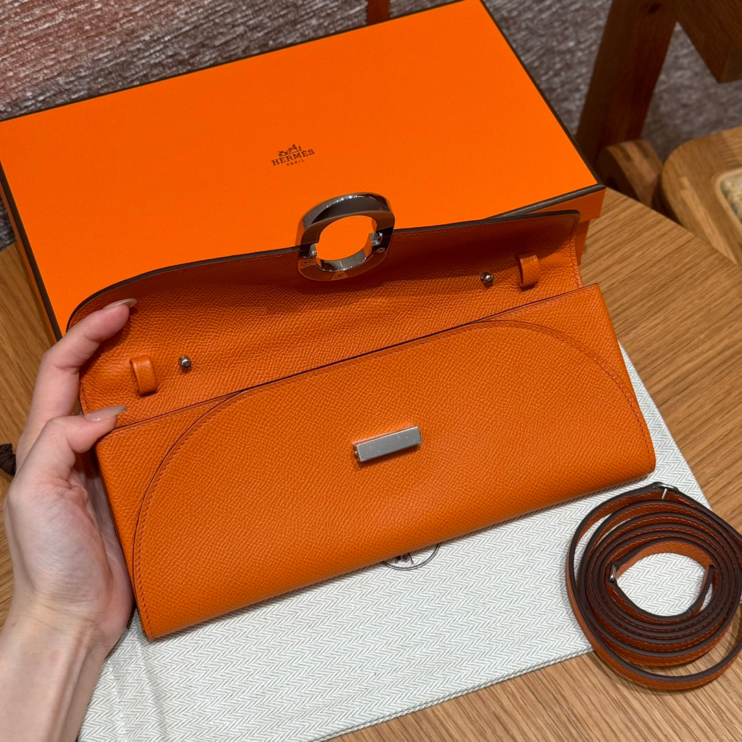 Hermès Orange Epsom Leather Envelope Clutch Bag with Silver-Tone Hardware