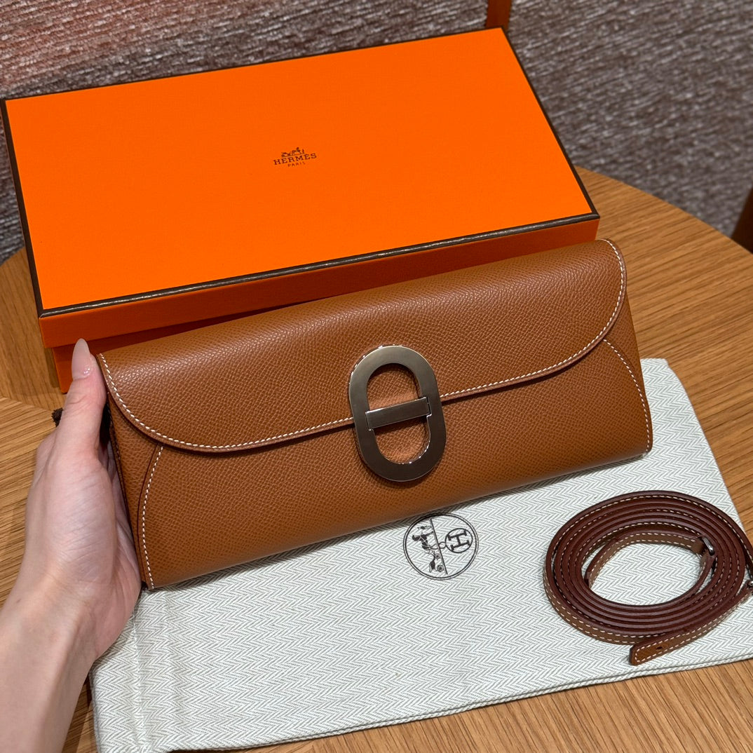 Hermès H d'Ancre Leather Clutch with Detachable Strap - Gold Brown