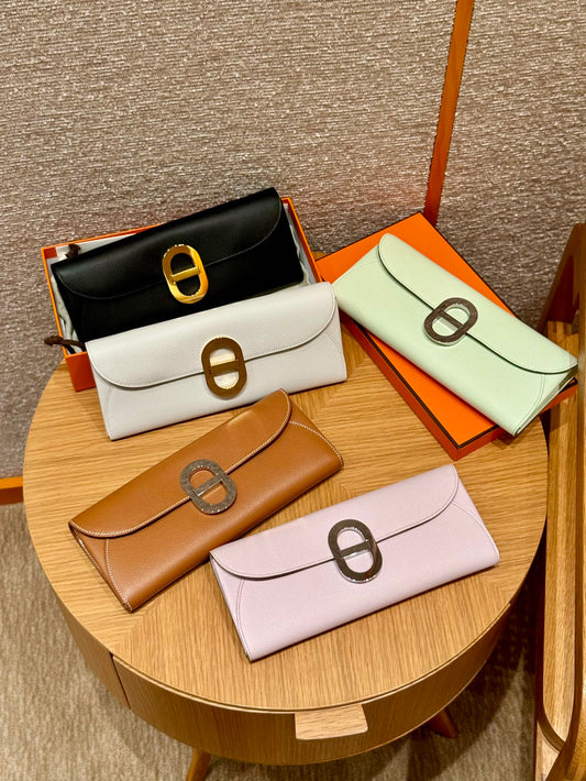 Luxury Leather Long Wallet with Elegant Oval Clasp - Multiple Colors