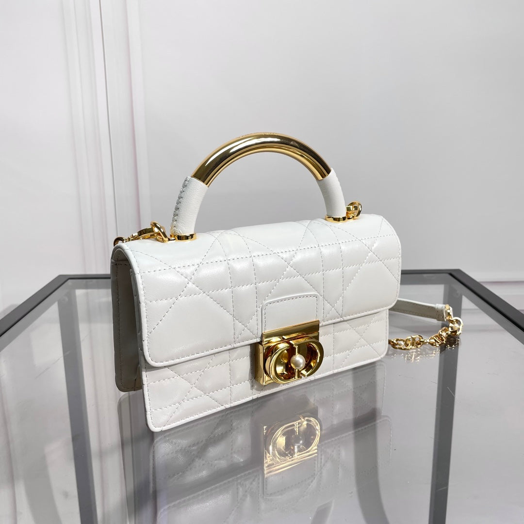Women's White Quilted Leather Shoulder Bag with Gold Metal Top Handle