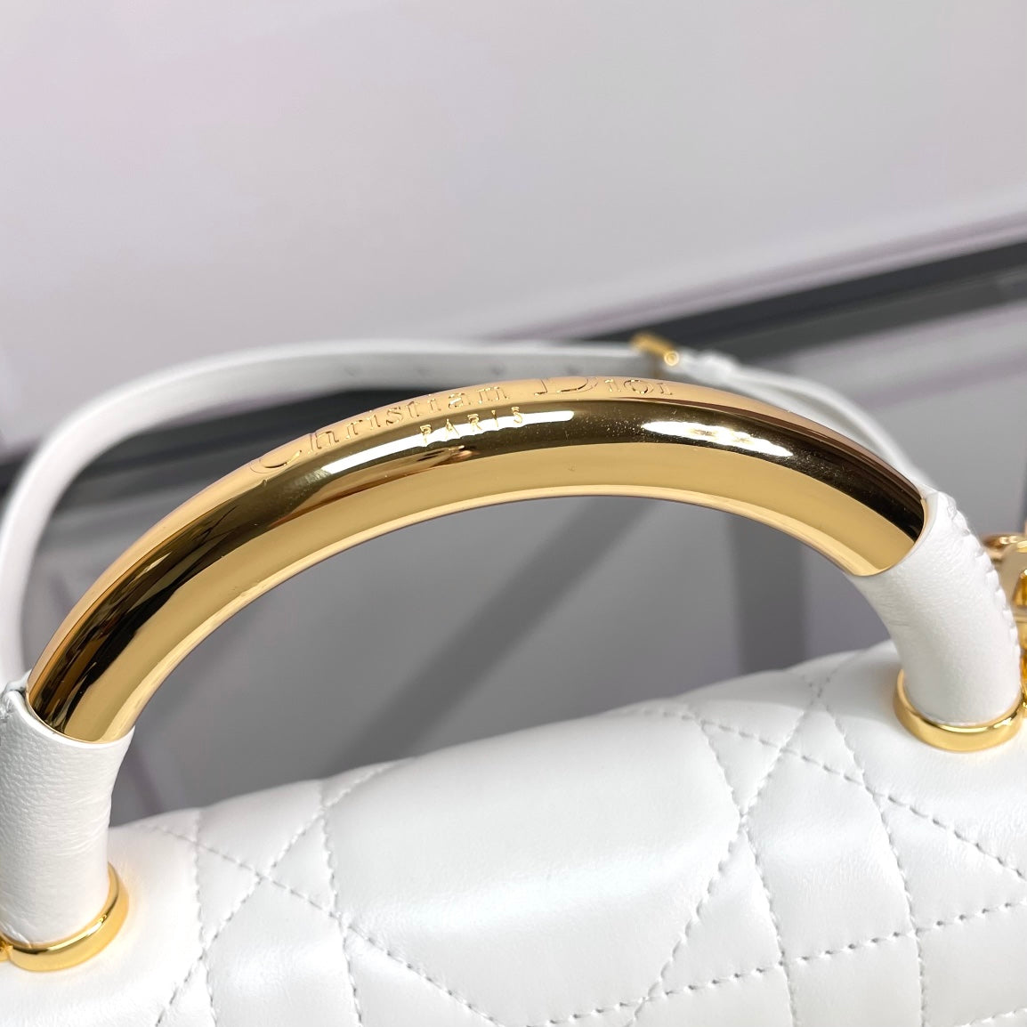 Dior White Quilted Leather Shoulder Bag with Gold Metal Top Handle