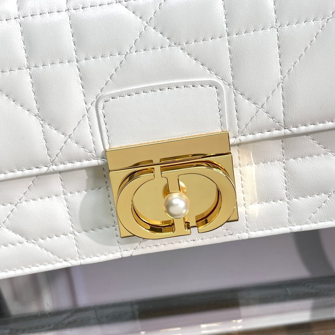 Women's White Quilted Leather Shoulder Bag with Gold Metal Top Handle