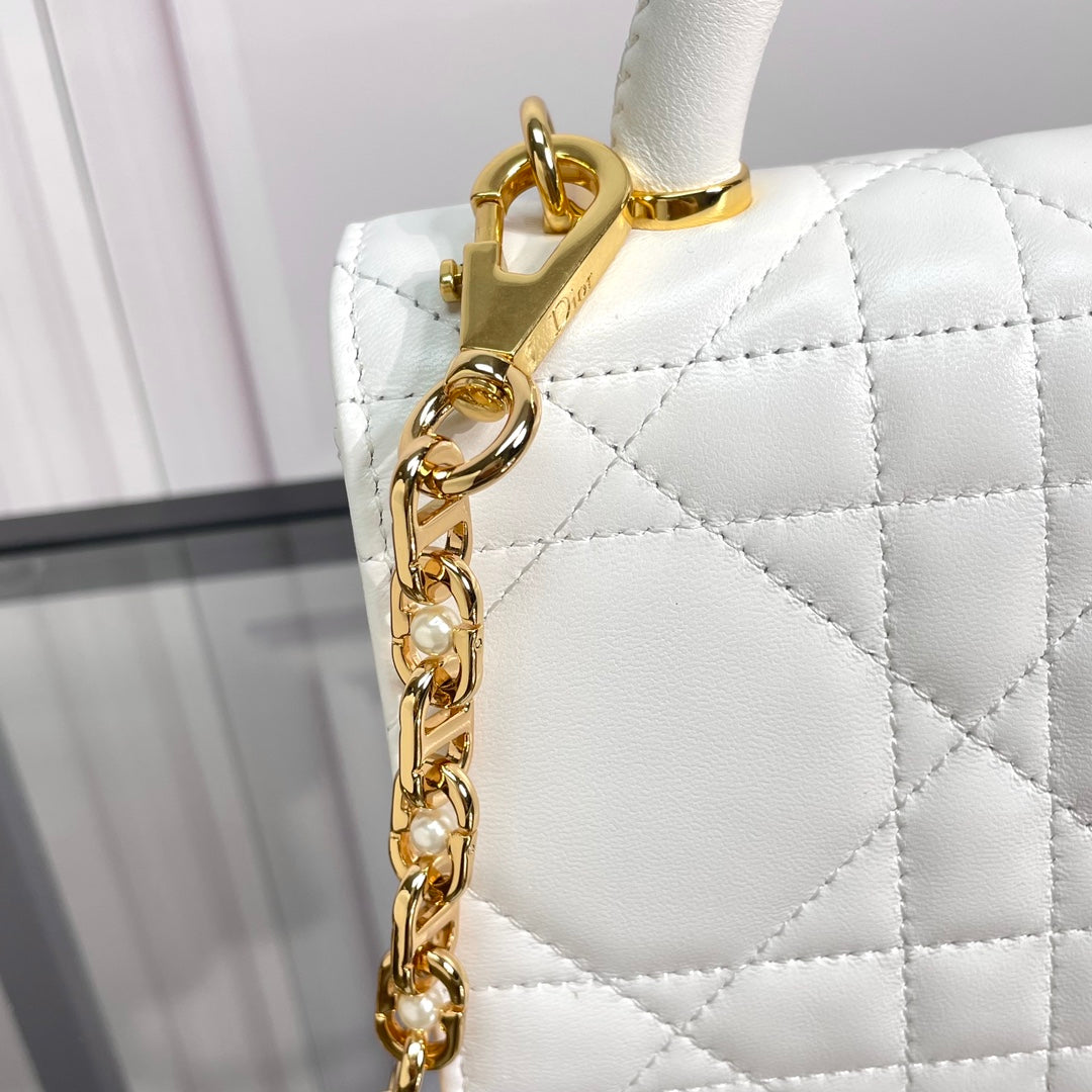 Women's White Quilted Leather Shoulder Bag with Gold Metal Top Handle
