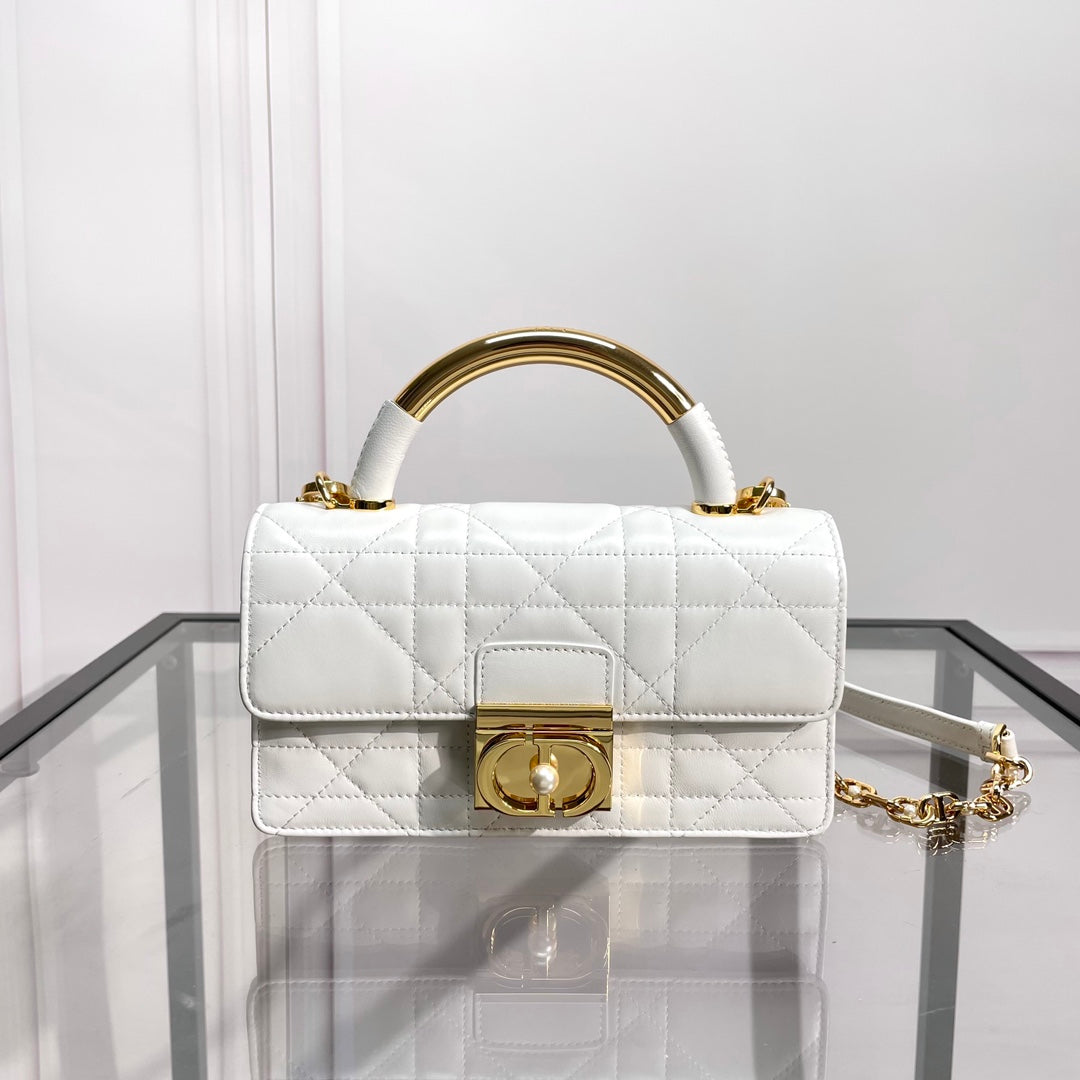 Women's White Quilted Leather Shoulder Bag with Gold Metal Top Handle
