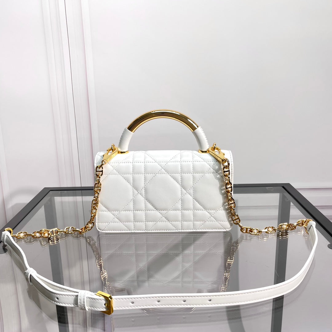 Women's White Quilted Leather Shoulder Bag with Gold Metal Top Handle