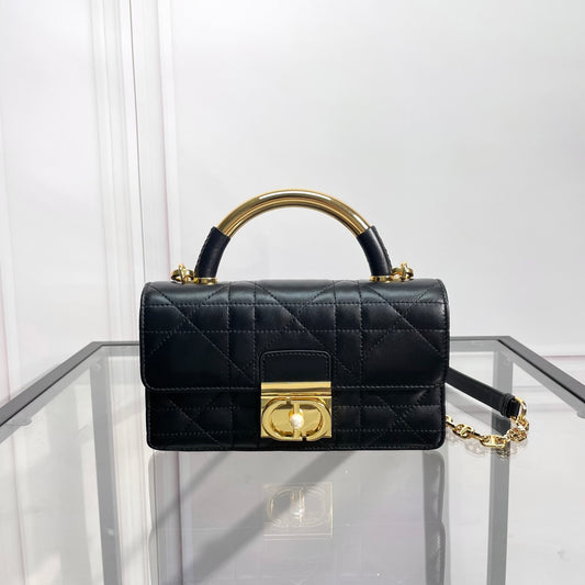 Black Quilted Leather Top Handle Handbag with Gold-Tone Hardware