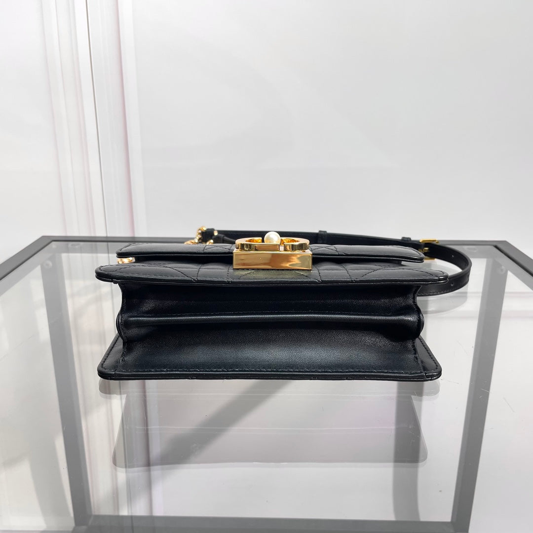 Dior Classic Black Quilted Leather Handbag with Gold Clasp and Top Handle