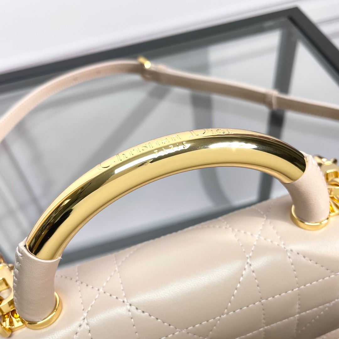 Luxury Quilted Nude Leather Top Handle Bag with Gold Chain Strap