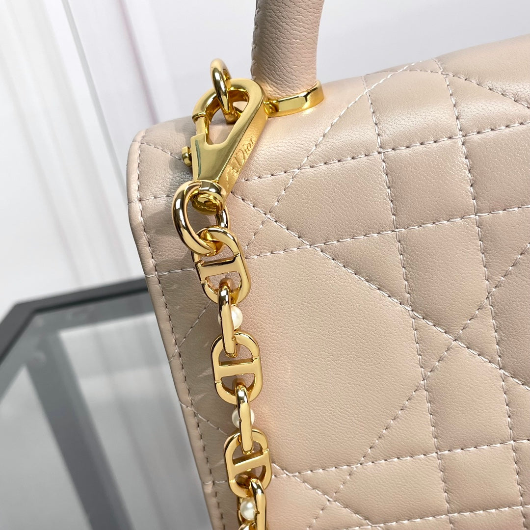 Luxury Quilted Nude Leather Top Handle Bag with Gold Chain Strap