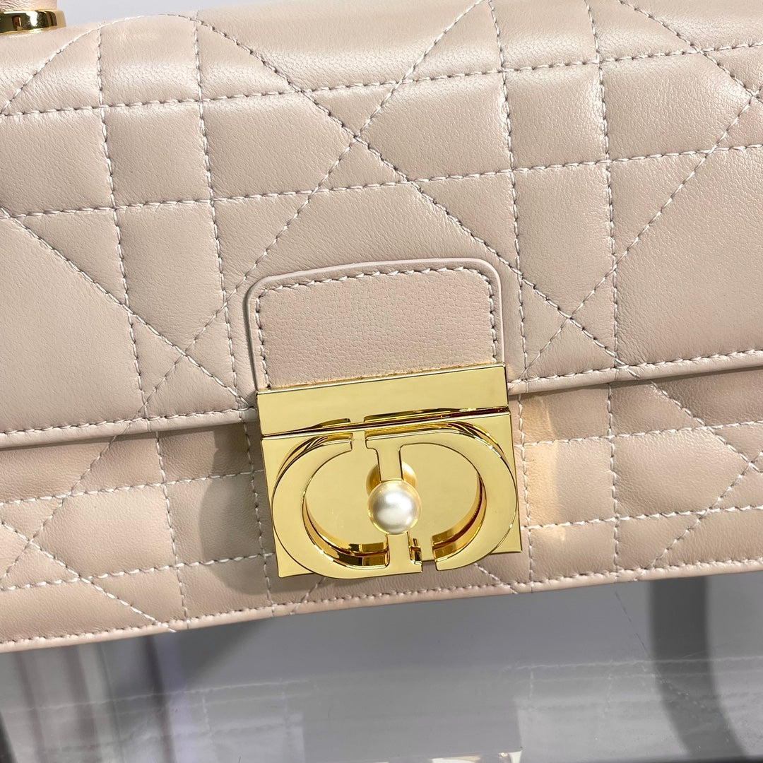 Luxury Quilted Nude Leather Top Handle Bag with Gold Chain Strap