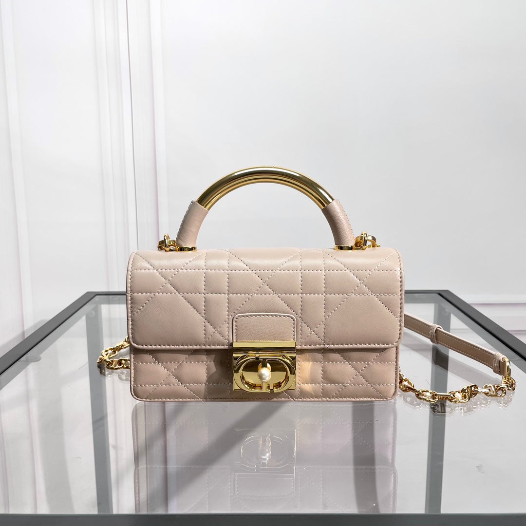 Luxury Quilted Nude Leather Top Handle Bag with Gold Chain Strap